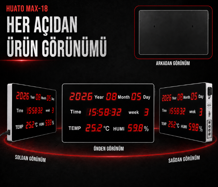 Huato MAX-18 Büyük Sıcaklık, Nem, Saat, Tarih Göstergesi | 4,5 cm Rakam Işıklı İç Ortam Saat Göstergebrand> zoofarm