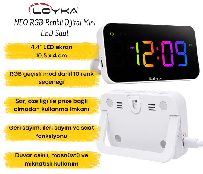 Loyka NEO RGB Renkli LED Dijital Saat | Şarjlı Işıklı Saatlerbrand> zoofarm