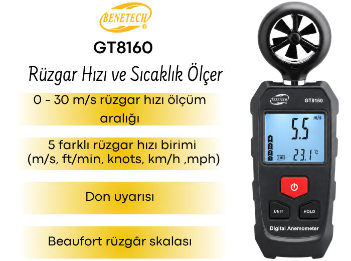 Benetech GT8160 Mini Anemometre Rüzgar Hızı ve Sıcaklık Ölçer Rüzgar Hızı Ölçerbrand> zoofarm