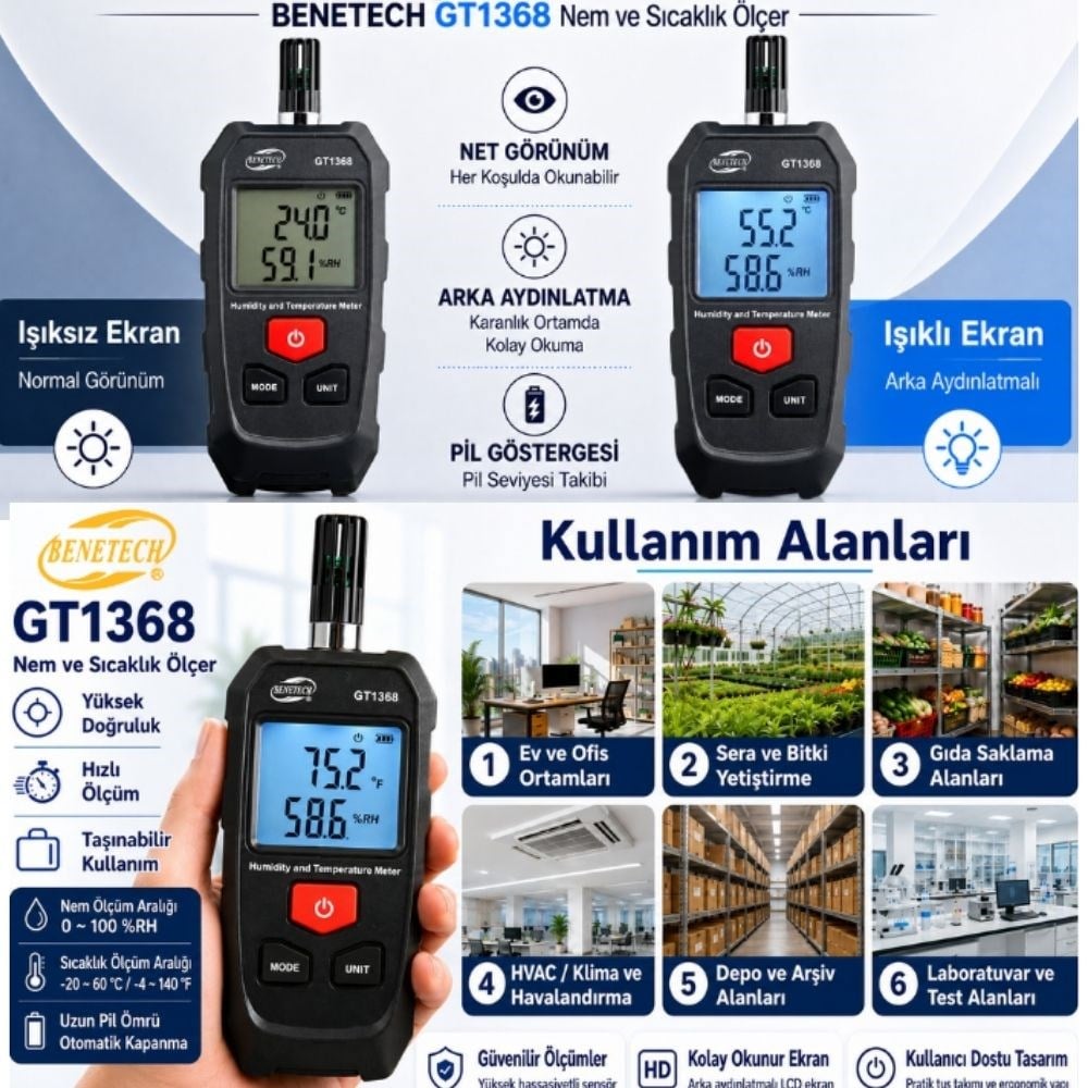 Benetech GT1368 El Tipi Sıcaklık ve Nem Ölçer Taşınabilir Nem Ölçerlerbrand> zoofarm