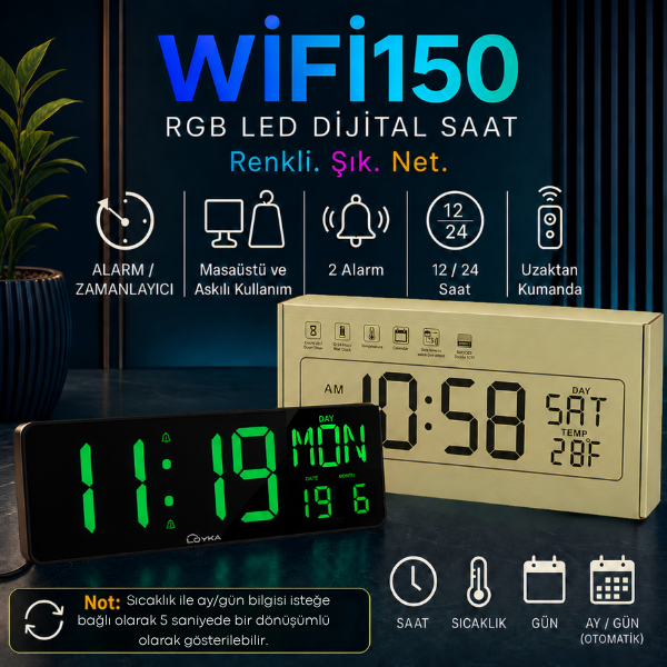 WİFİ150 RGB Renkli Büyük Ekranlı LED Dijital Saat | Sıcaklık ve Gün Gösterimi Işıklı İç Ortam Saat Göstergebrand> zoofarm