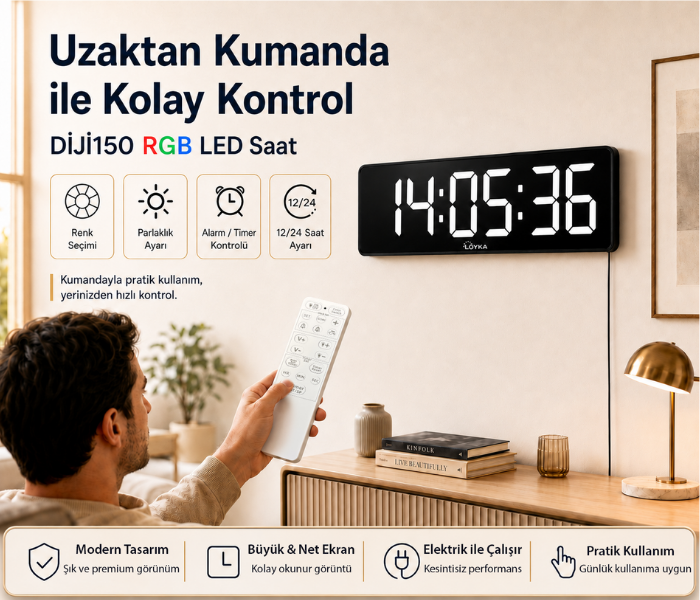 DİJİ150 RGB Renkli Büyük Ekranlı Dijital Saat | Uzaktan Kumandalı Işıklı İç Ortam Saat Göstergebrand> zoofarm