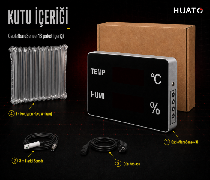 Huato CableNanoSense-18 Kablolu Büyük Ekranlı Sıcaklık Nem Göstergesi | 12,5 cm Rakam | 3 m Sensörlü TERMOMETRE ÇEŞİTLERİ VE EKİPMANLARIhuato zoofarm