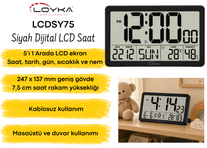 Loyka LCDSY75 Siyah Dijital Saat | Tarih, Sıcaklık ve Nem Göstergeli Işıklı İç Ortam Saat Göstergebrand> zoofarm