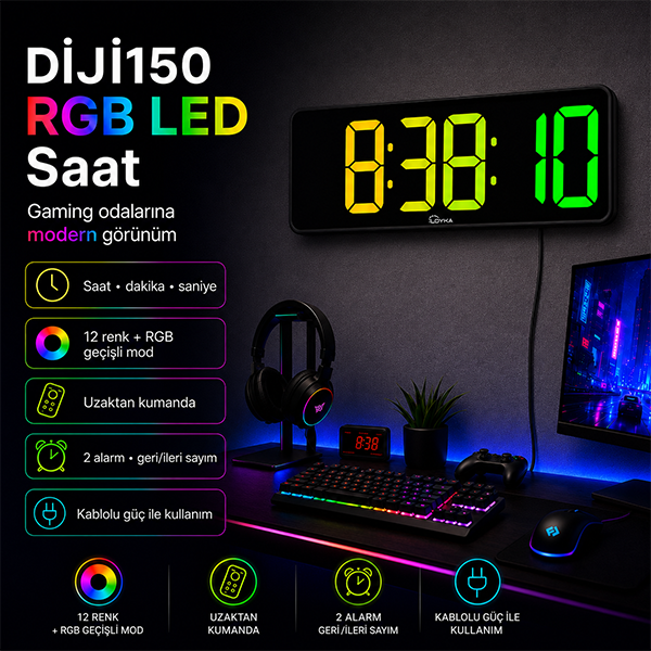 DİJİ150 RGB Renkli Büyük Ekranlı Dijital Saat | Uzaktan Kumandalı Işıklı İç Ortam Saat Göstergebrand> zoofarm