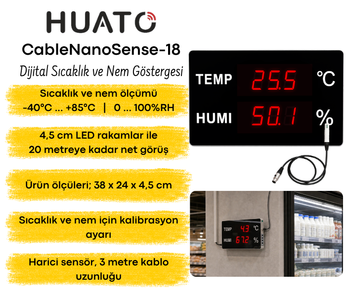 Huato CableNanoSense-18 Kablolu Büyük Ekranlı Sıcaklık Nem Göstergesi | 12,5 cm Rakam | 3 m Sensörlü TERMOMETRE ÇEŞİTLERİ VE EKİPMANLARIhuato zoofarm