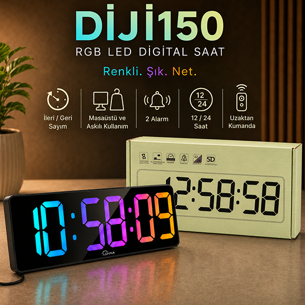 DİJİ150 RGB Renkli Büyük Ekranlı Dijital Saat | Uzaktan Kumandalı Işıklı İç Ortam Saat Göstergebrand> zoofarm
