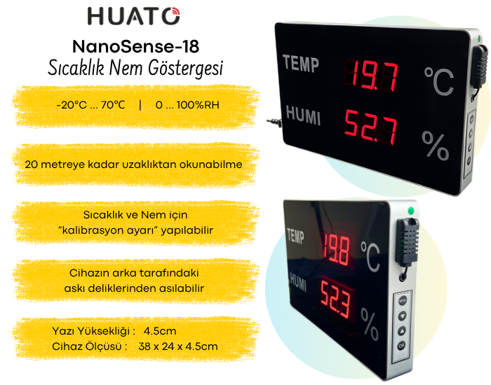 Huato NanoSense-18 Büyük LED Ekranlı Endüstriyel Sıcaklık ve Nem Ölçer Oda Termometreleribrand> zoofarm
