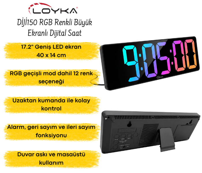 DİJİ150 RGB Renkli Büyük Ekranlı Dijital Saat | Uzaktan Kumandalı Işıklı İç Ortam Saat Göstergebrand> zoofarm