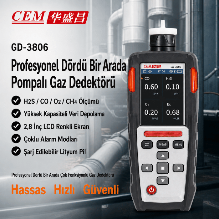 GD-3806 Pompalı 4'lü Gaz Ölçüm Cihazı | O₂, CO, H₂S, LEL Yanıcı Gaz Dedektörleribrand> zoofarm