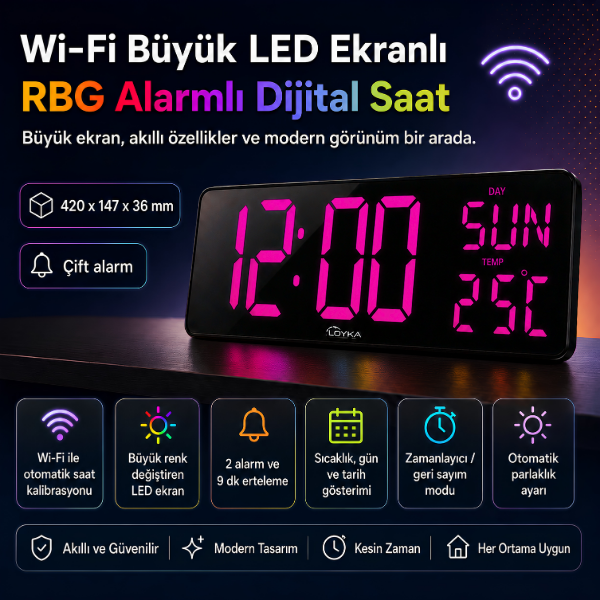 WİFİ150 RGB Renkli Büyük Ekranlı LED Dijital Saat | Sıcaklık ve Gün Gösterimi Işıklı İç Ortam Saat Göstergebrand> zoofarm