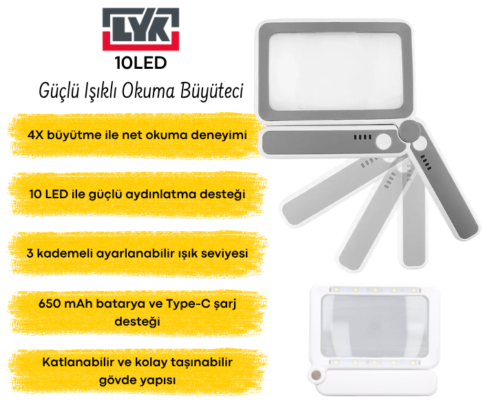 LYK 10LED Güçlü Işıklı Okuma Büyüteci 4X | Şarj Edilebilir Lup Büyüteçbrand> zoofarm