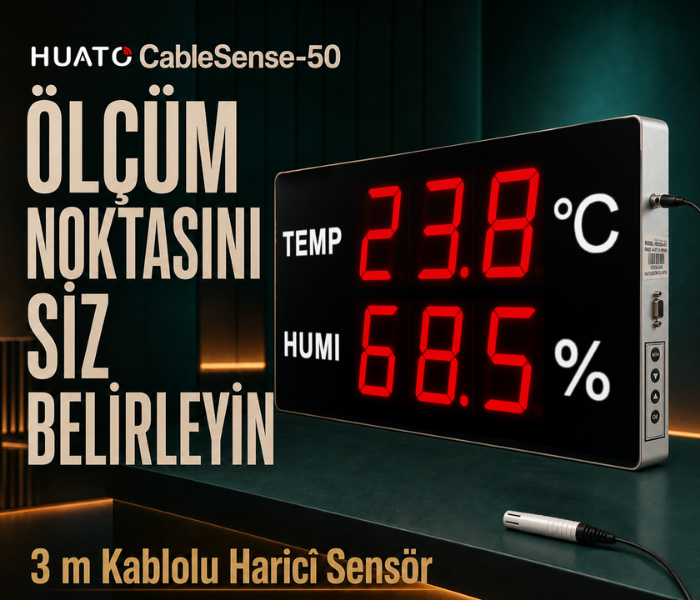 Huato CableSense-50 Kablolu Ekstra Büyük Sıcaklık Nem Göstergesi | 3 m Sensörlü | 12,5 cm Rakam Oda Termometreleribrand> zoofarm