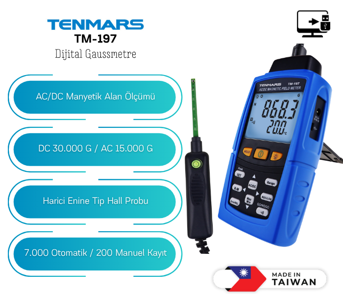 Tenmars TM-197 Dijital Gaussmetre | AC/DC Manyetik Alan Ölçer | 30.000 Gauss Gaussmetrebrand> zoofarm