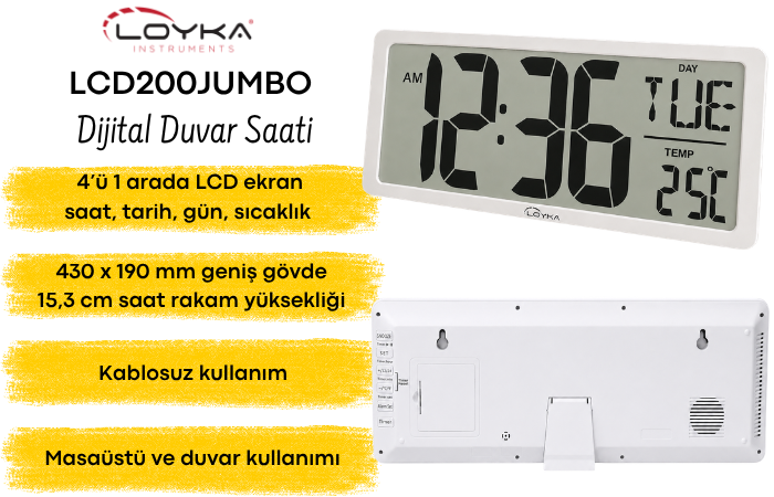 Loyka LCD200JUMBO Büyük Dijital Duvar Saati Işıklı İç Ortam Saat Göstergebrand> zoofarm