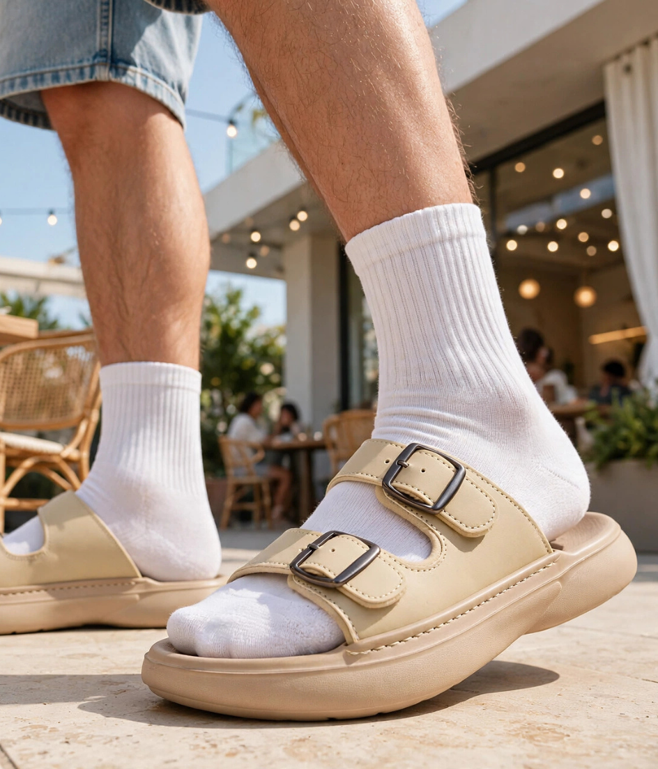 Twin Unisex Deri Çift Toka Eva Günlük Terlik Kum - 3202