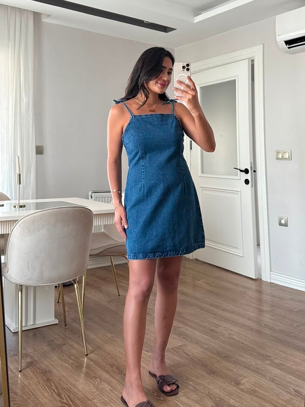 Bağmalı Koyu Renk Denim Elbise