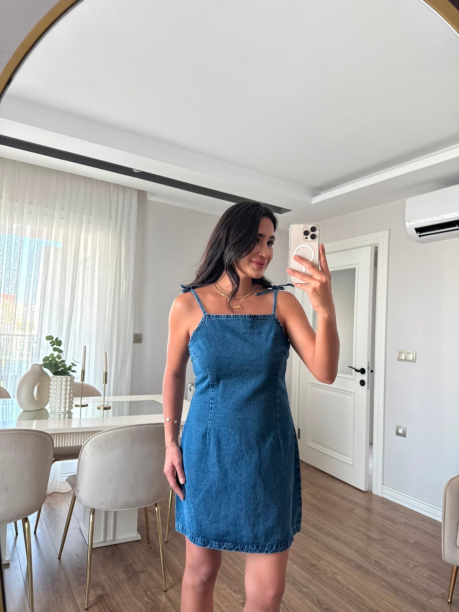 Bağmalı Koyu Renk Denim Elbise