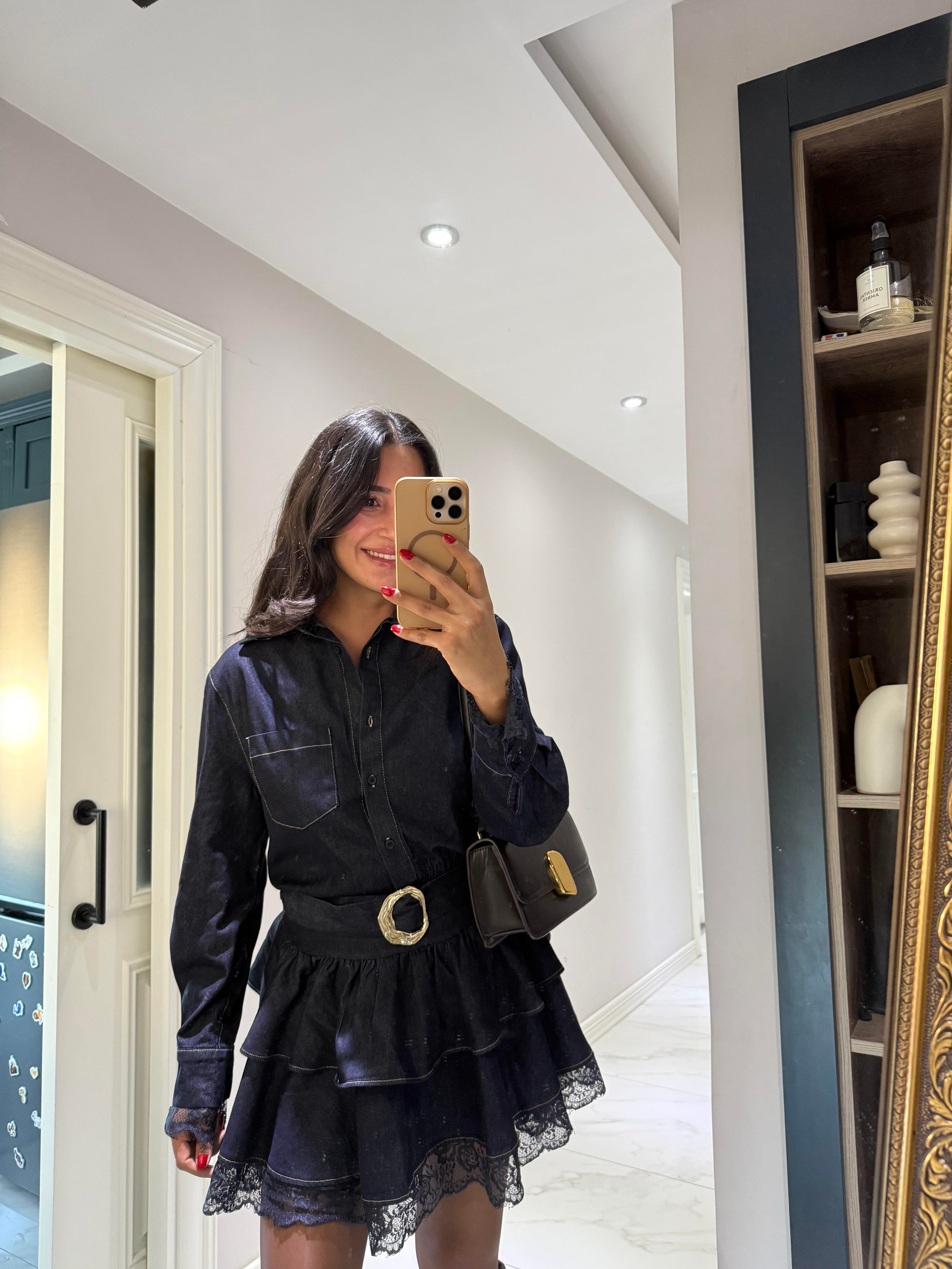 Dantel Detaylı Jean Elbise 