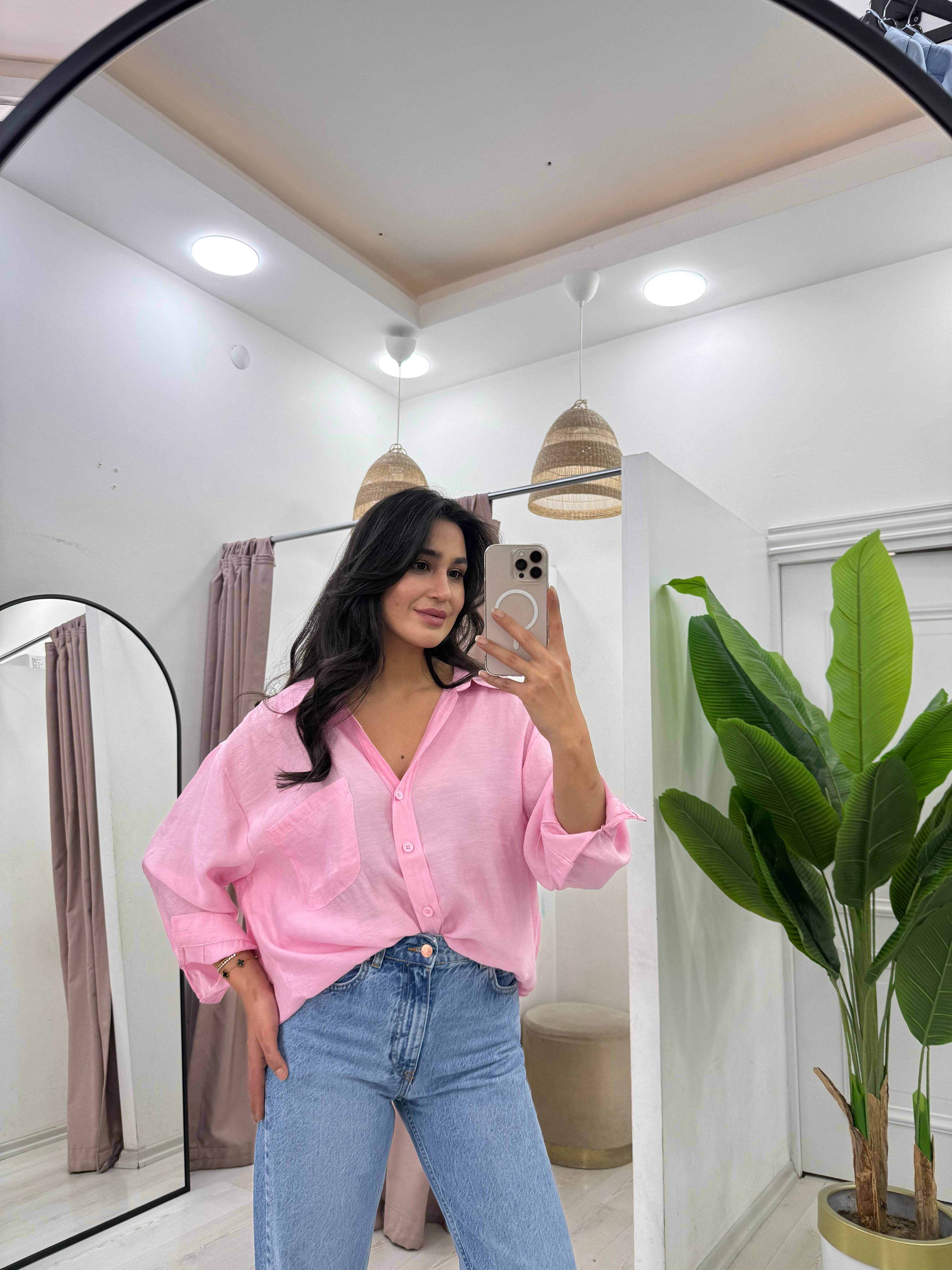 Düşük Omuz Pembe Gömlek