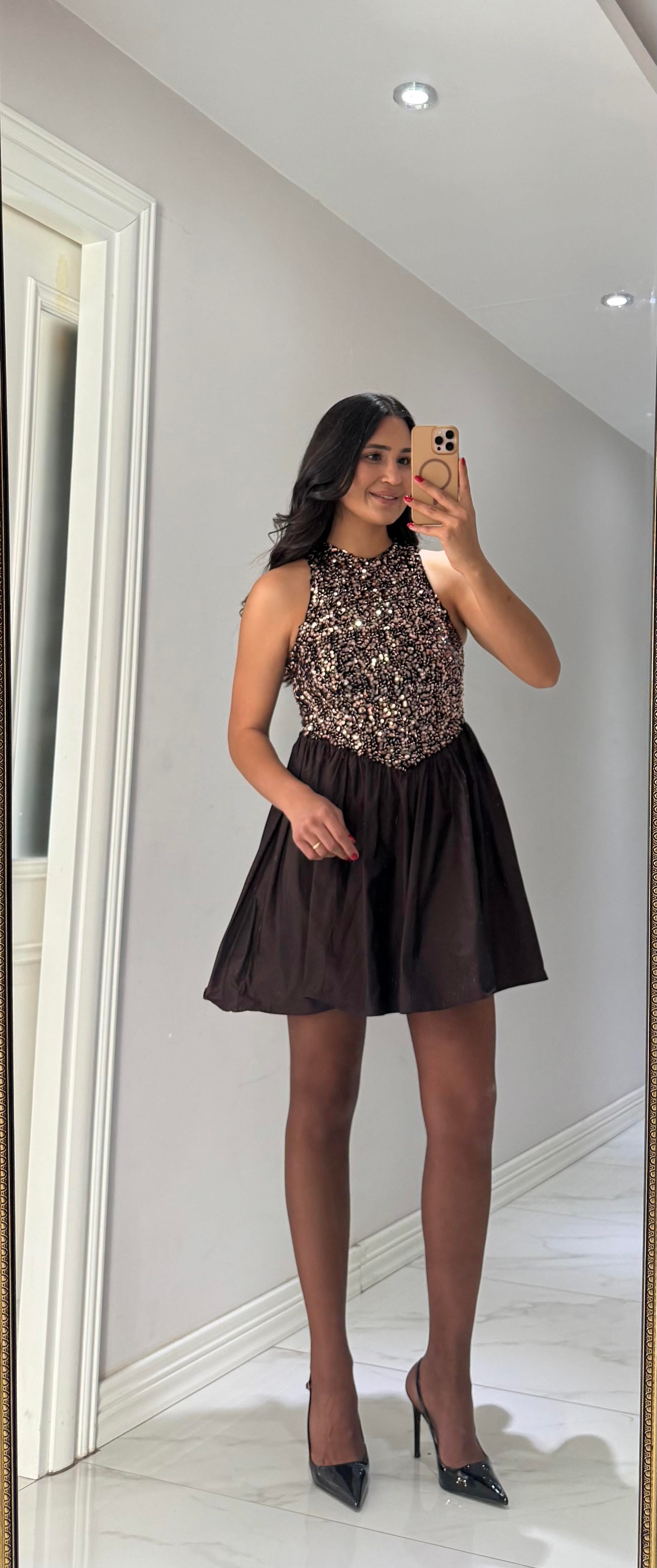 Kahve Payet Detaylı Elbise