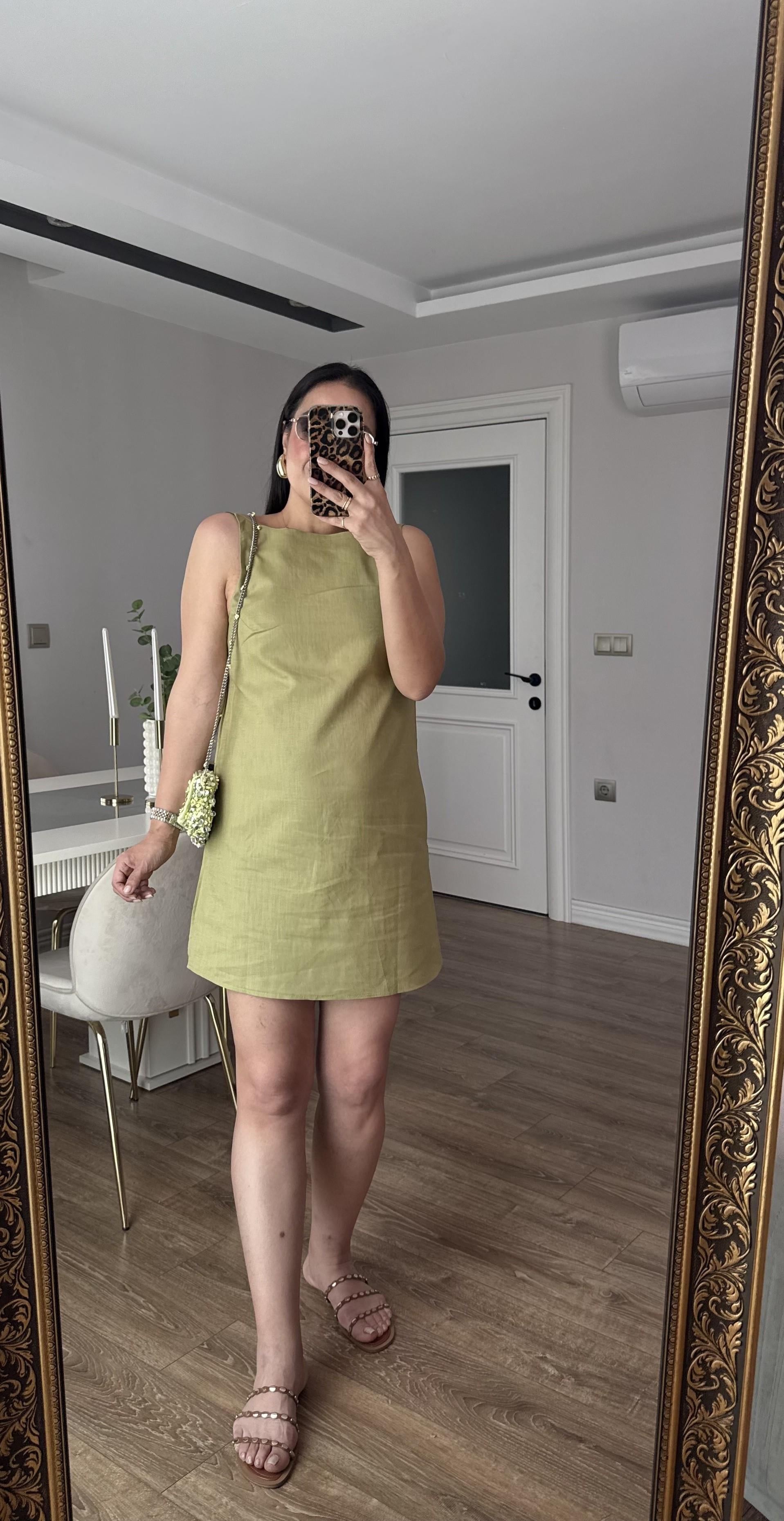 KETEN YEŞİL  MİNİ ELBİSE 