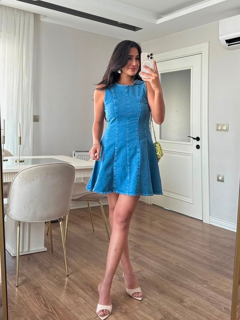 Korse Detaylı Çan Denim Elbise