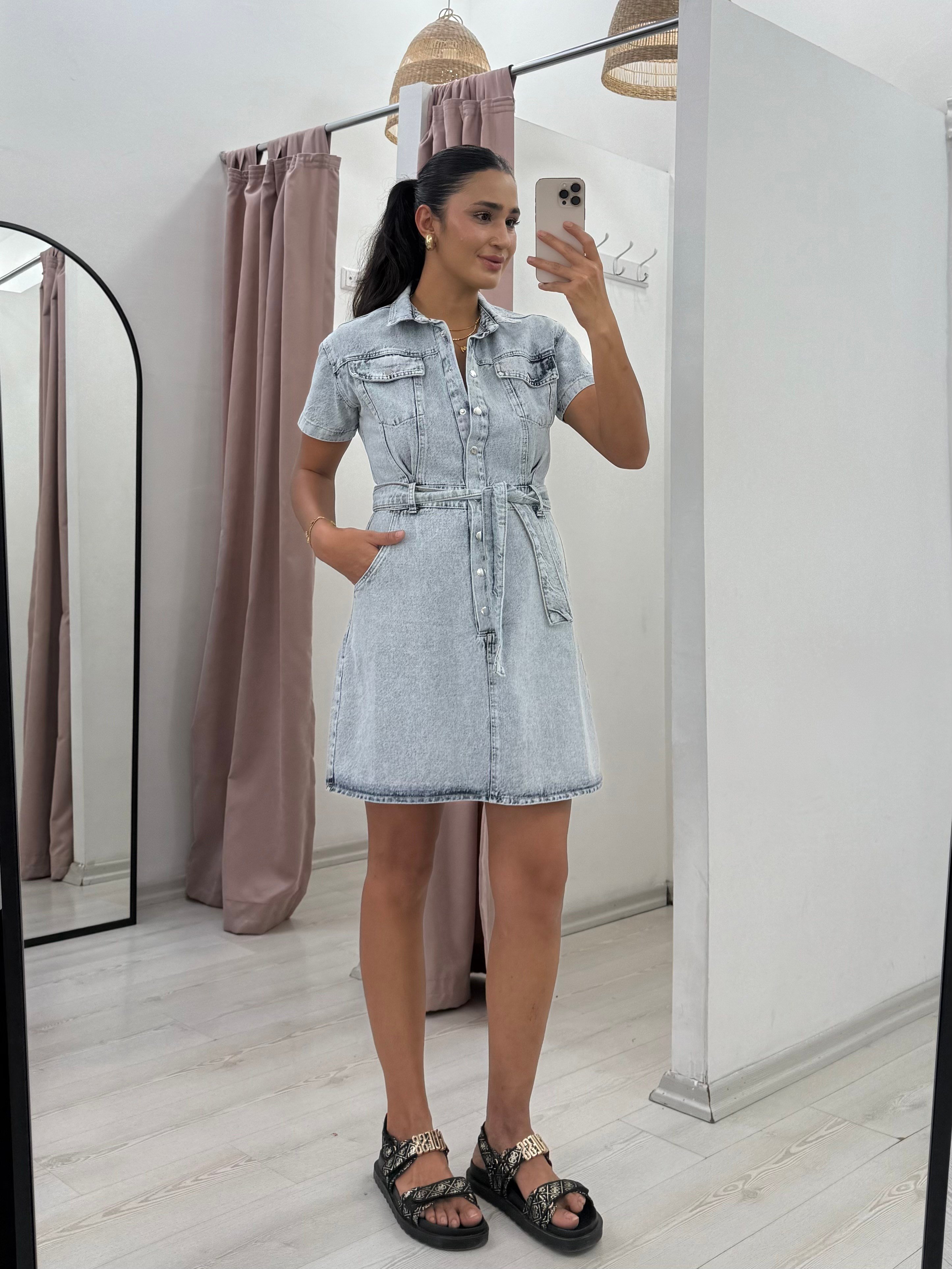 Kuşaklı Denim Elbise 