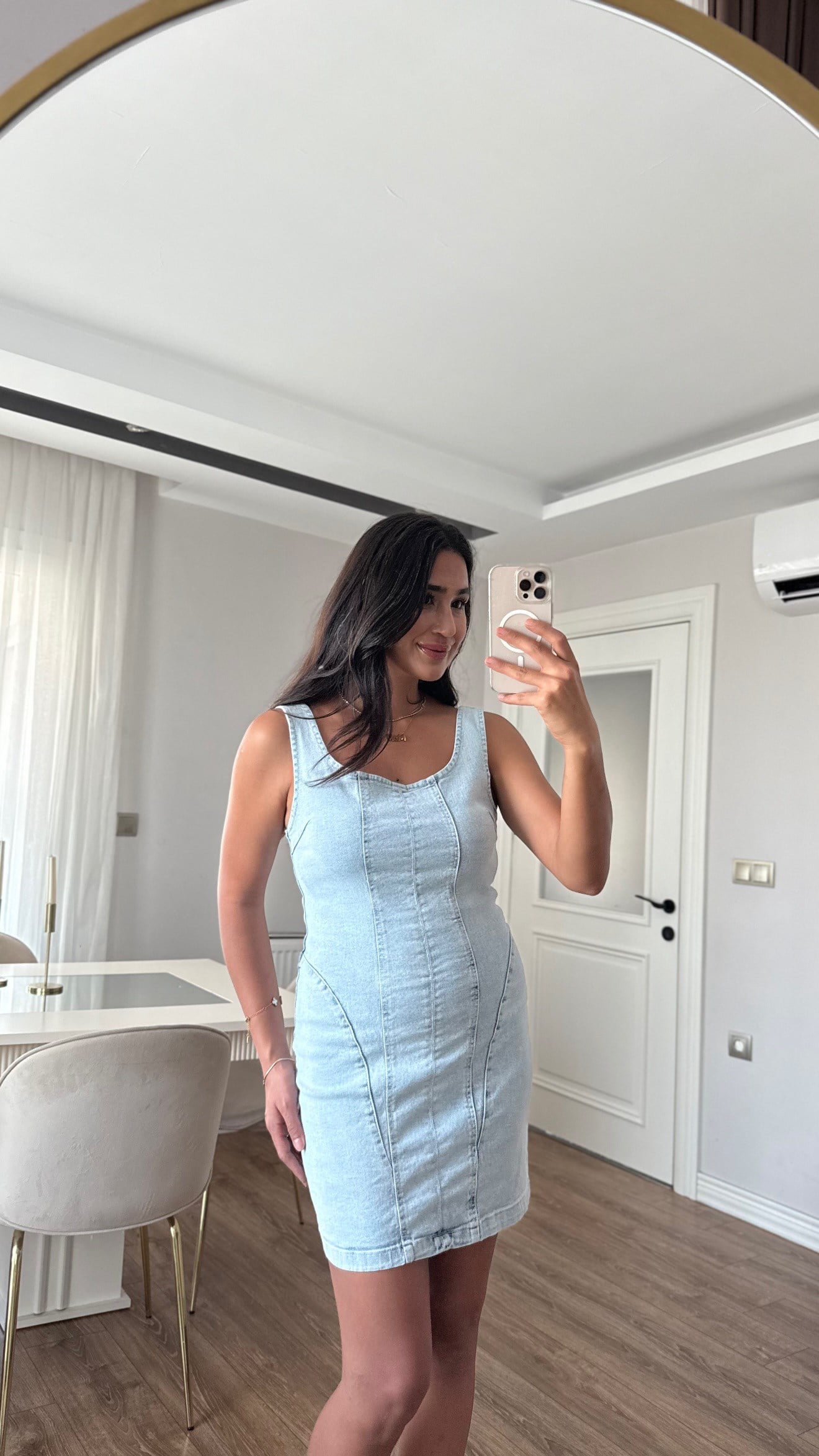 Likralı Açık Renk Denim Elbise