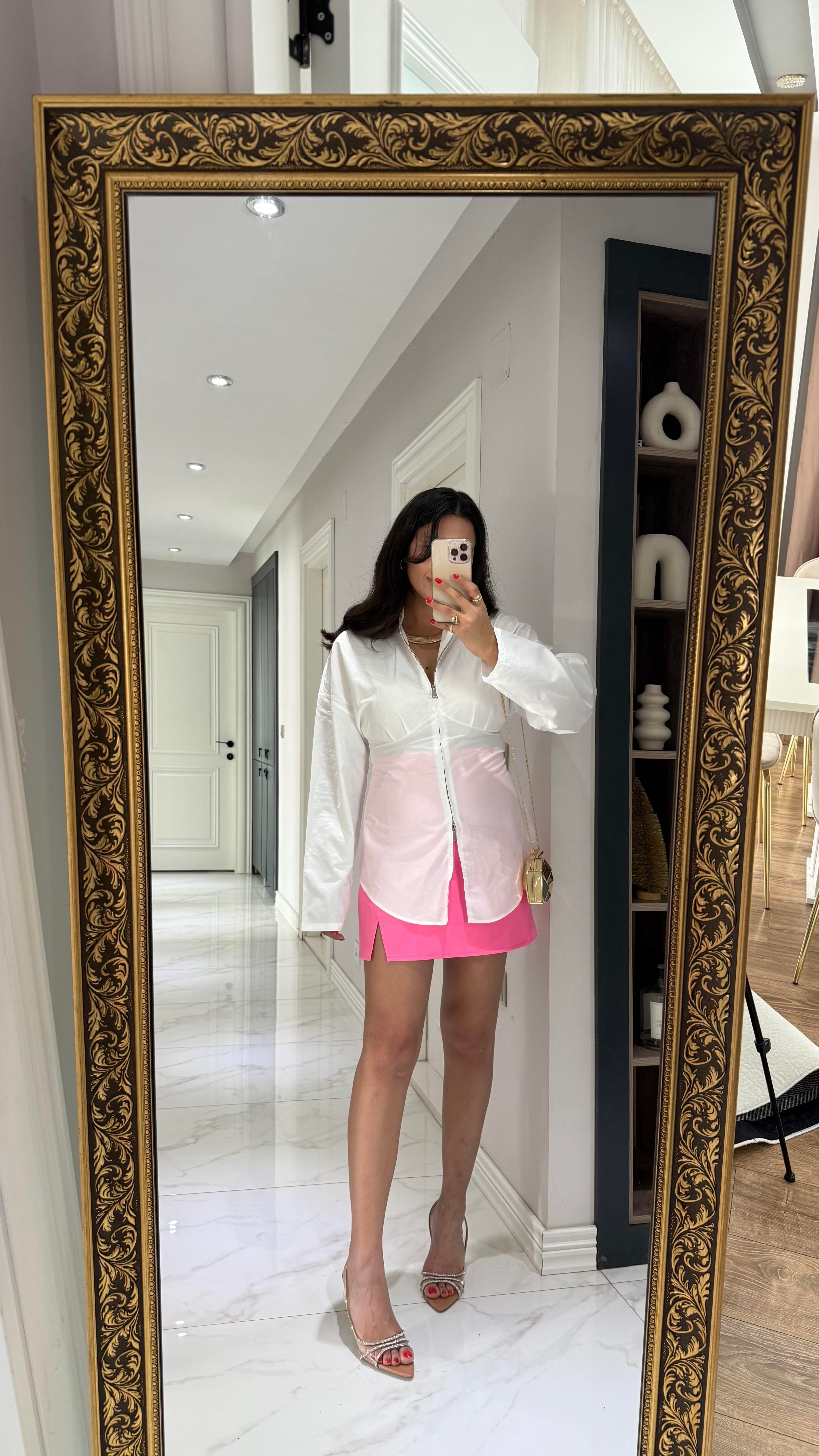 PEMBE YIRTMAÇLI MİNİ  ETEK 