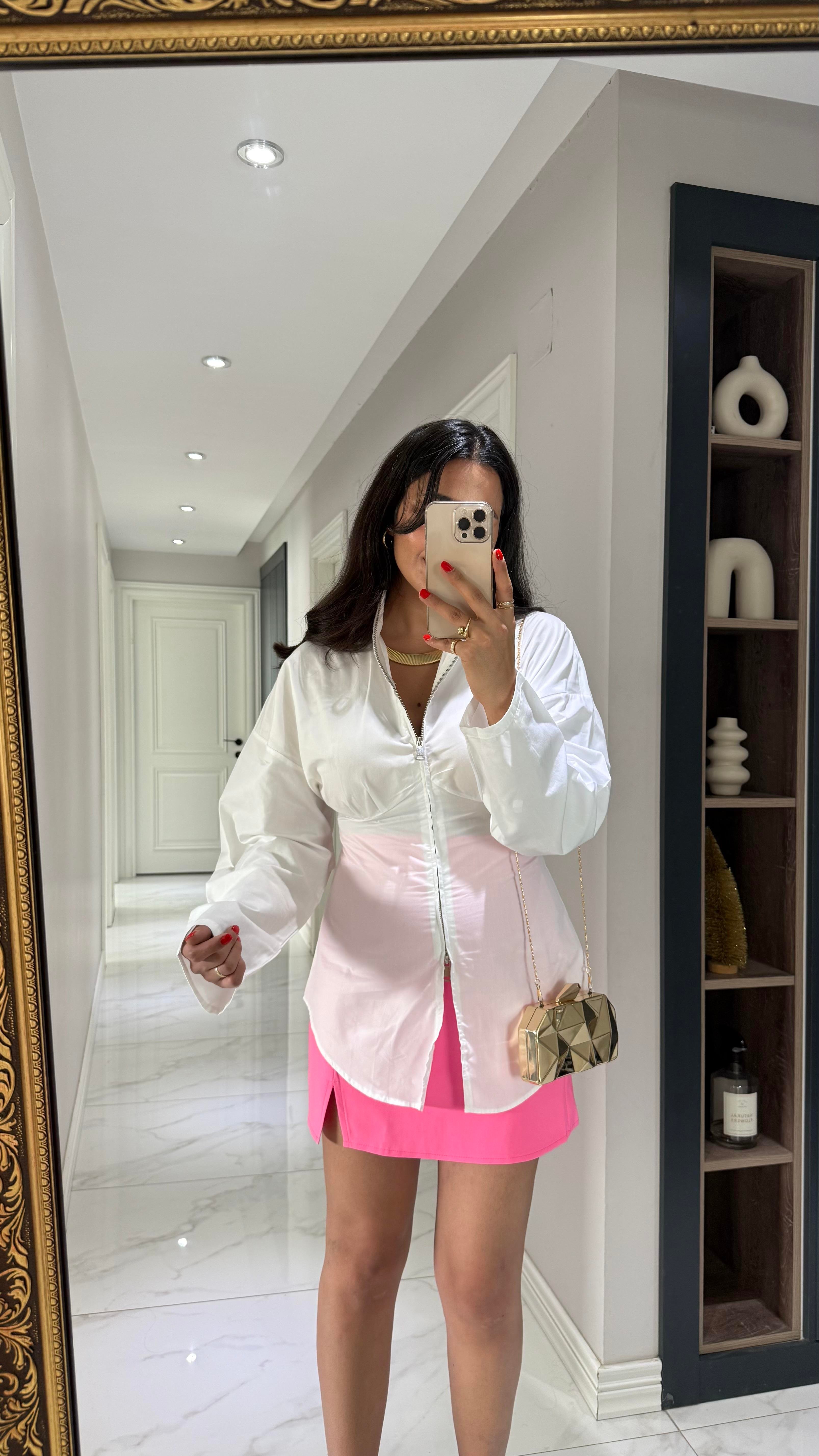 PEMBE YIRTMAÇLI MİNİ  ETEK 