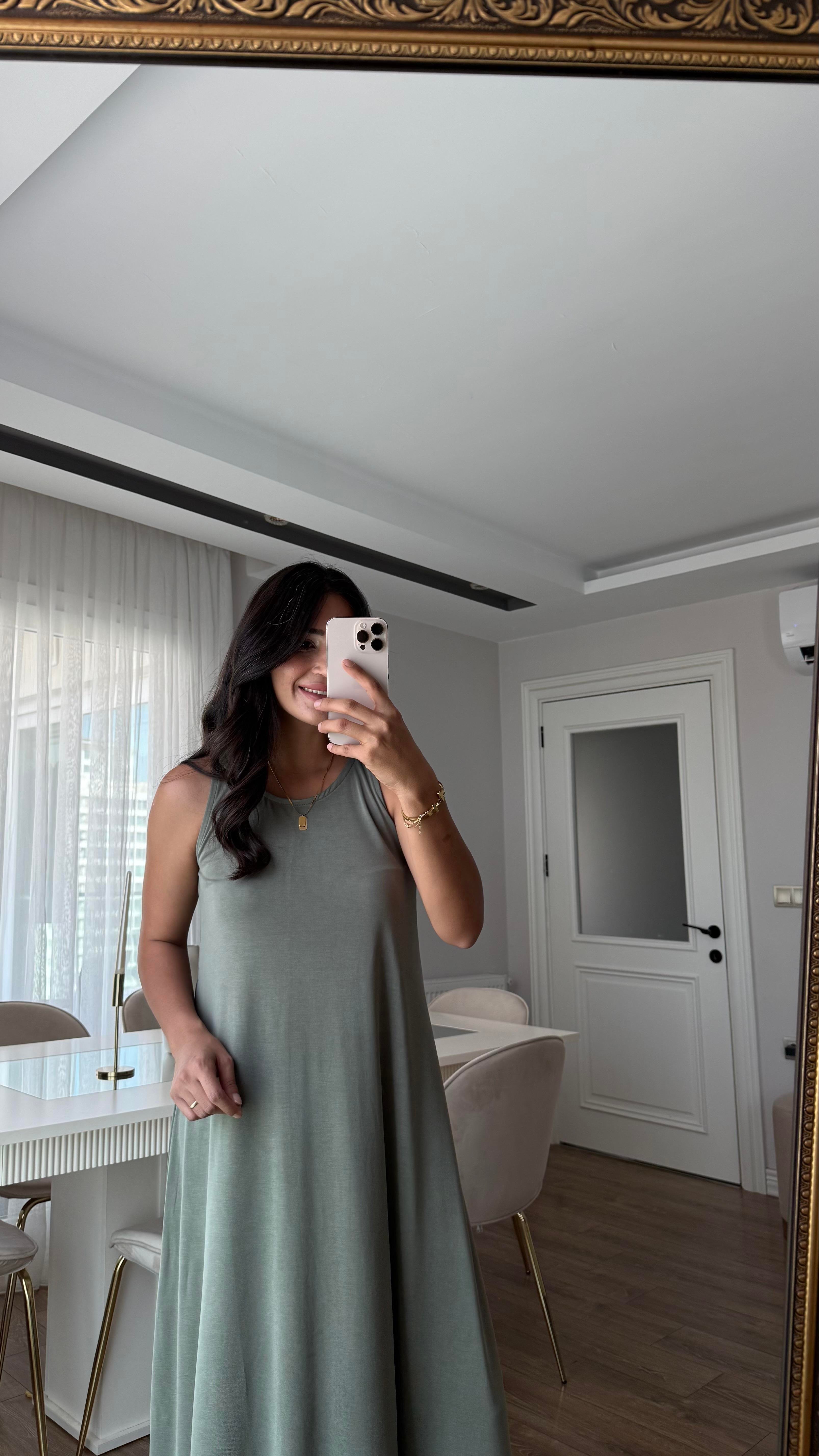 YEŞİL MODAL KUMAŞ ELBİSE 