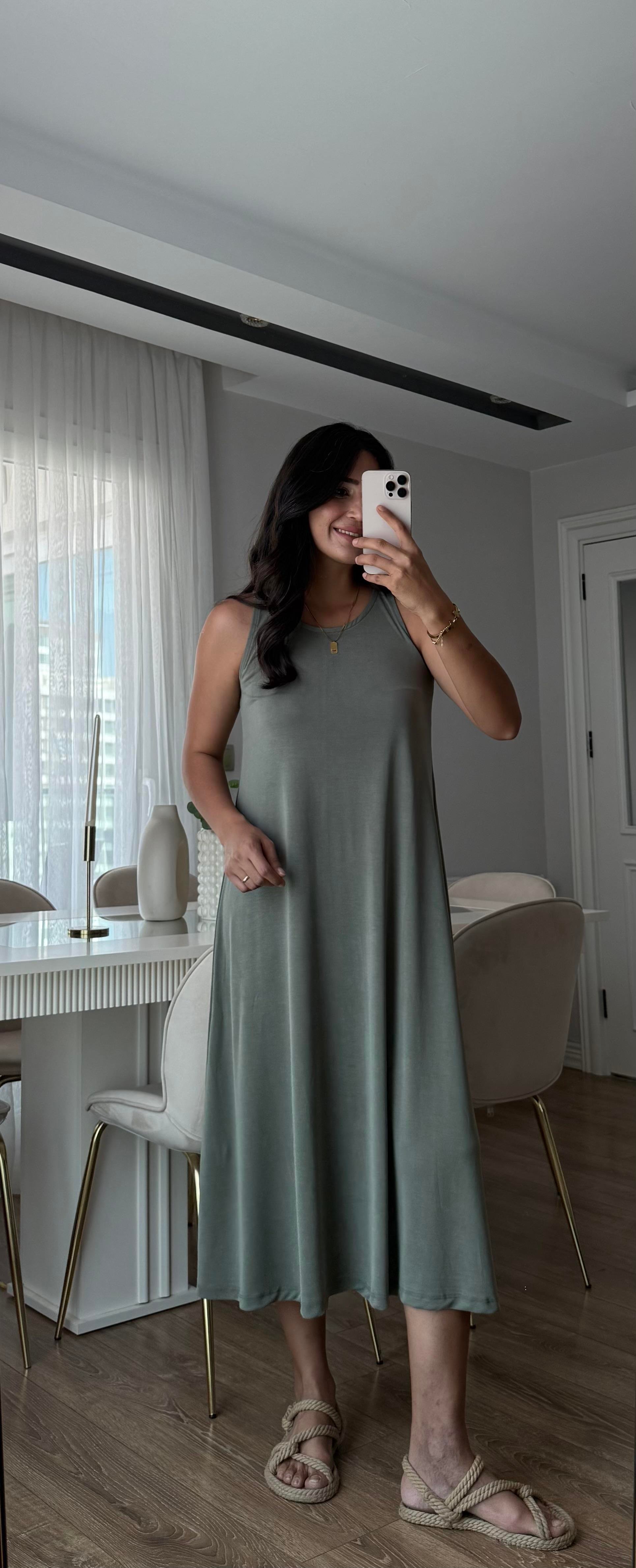 YEŞİL MODAL KUMAŞ ELBİSE 