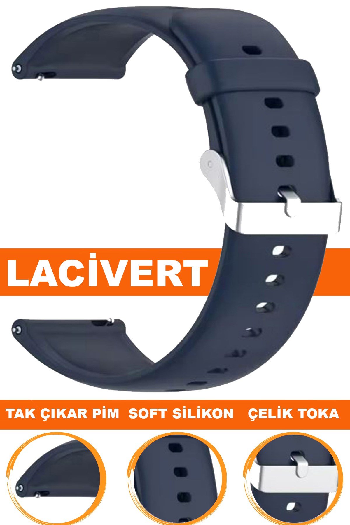 12mm-14mm-16mm-18mm-20mm-22mm Lacivert Renk Silikon Saat Kordonu Kayışı A72 