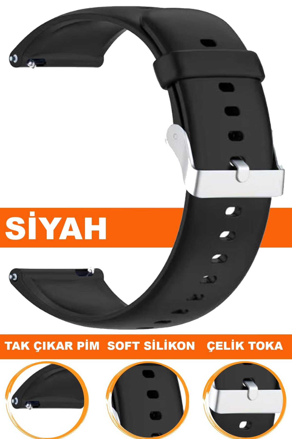 12mm-14mm-16mm-18mm-20mm-22mm Siyah Renk Silikon Saat Kordonu Kayışı A72 