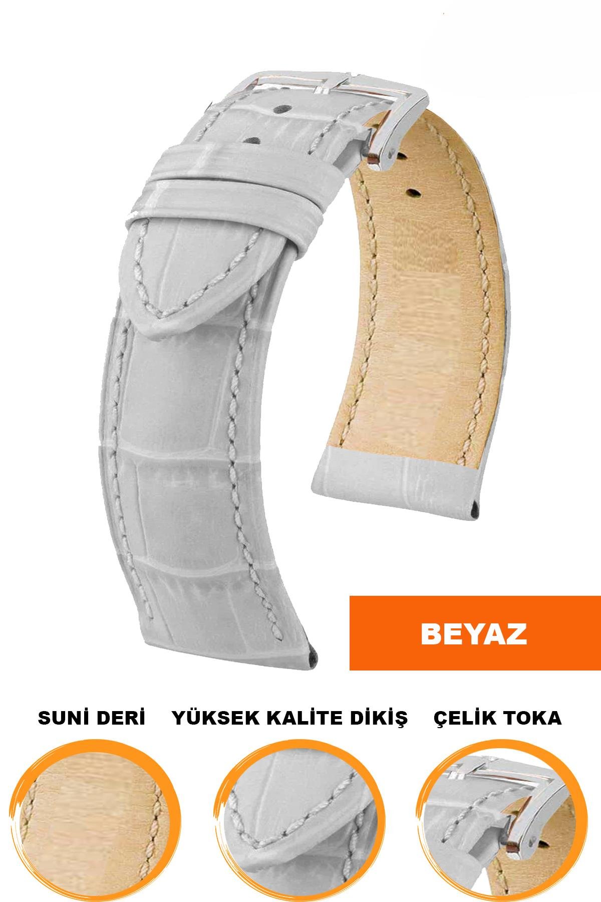 14mm-16mm-18mm-20mm-22mm-24mm-26mm-28mm Beyaz Renk Suni Deri Saat Kordonu Kayışı