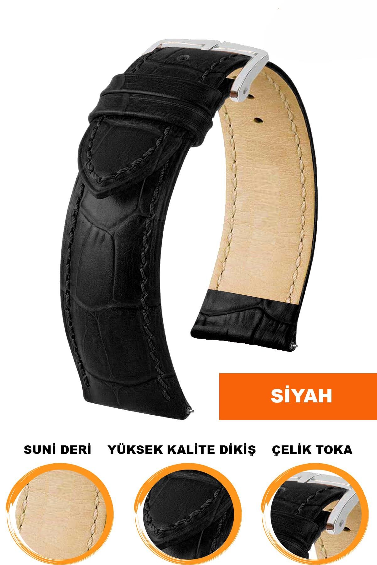 14mm-16mm-18mm-20mm-22mm-24mm-26mm-28mm Siyah Renk Suni Deri Saat Kordonu Kayışı