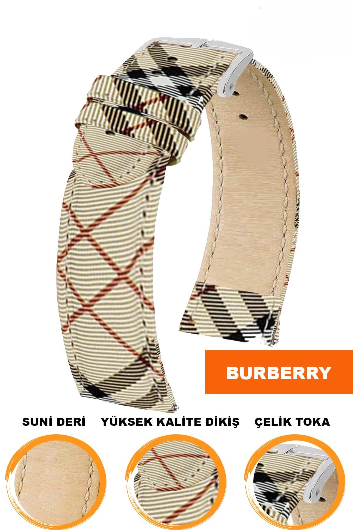 14mm-16mm-18mm-20mm-22mm-24mm-26mm-28mm Burberry Desenli Suni Deri Saat Kordonu Kayışı