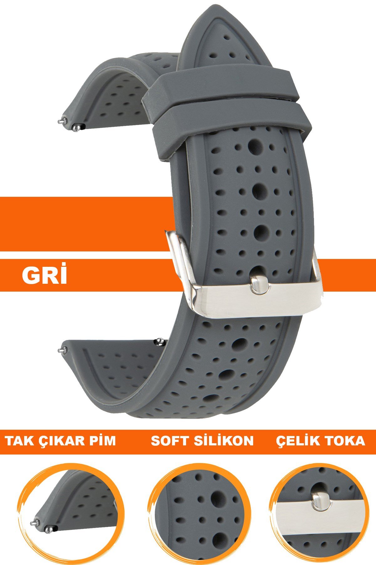 18mm-20mm-22mm-24mm Gri Renk Silikon Saat Kordonu Kayışı S26