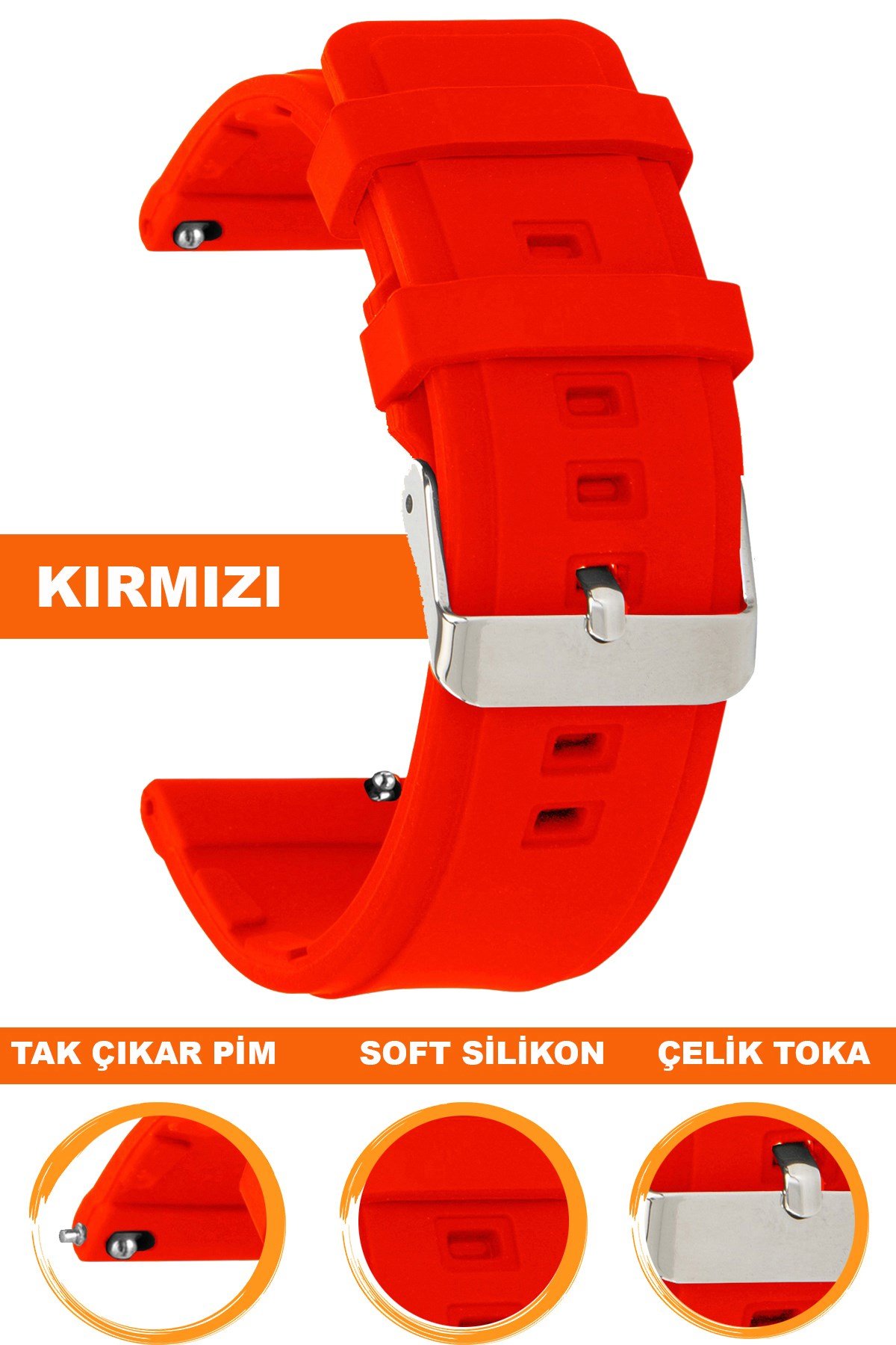 18mm-20mm-22mm-24mm Kırmızı Renk Silikon Saat Kordonu Kayışı M02
