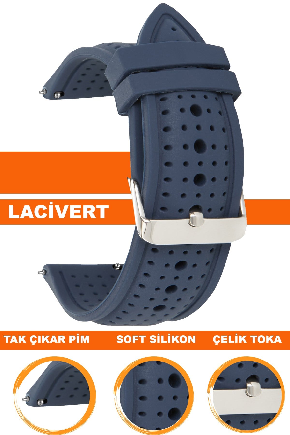 18mm-20mm-22mm-24mm Lacivert Renk Silikon Saat Kordonu Kayışı S26