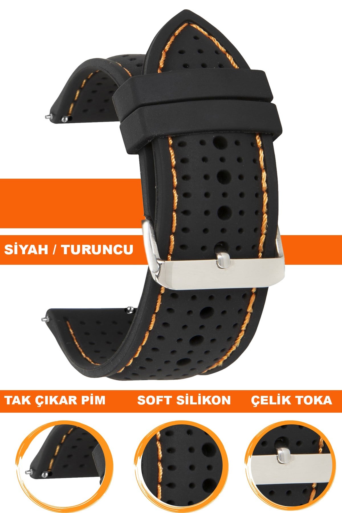 18mm-20mm-22mm-24mm Siyah-Turuncu Dikişli Renk Silikon Saat Kordonu Kayışı S26