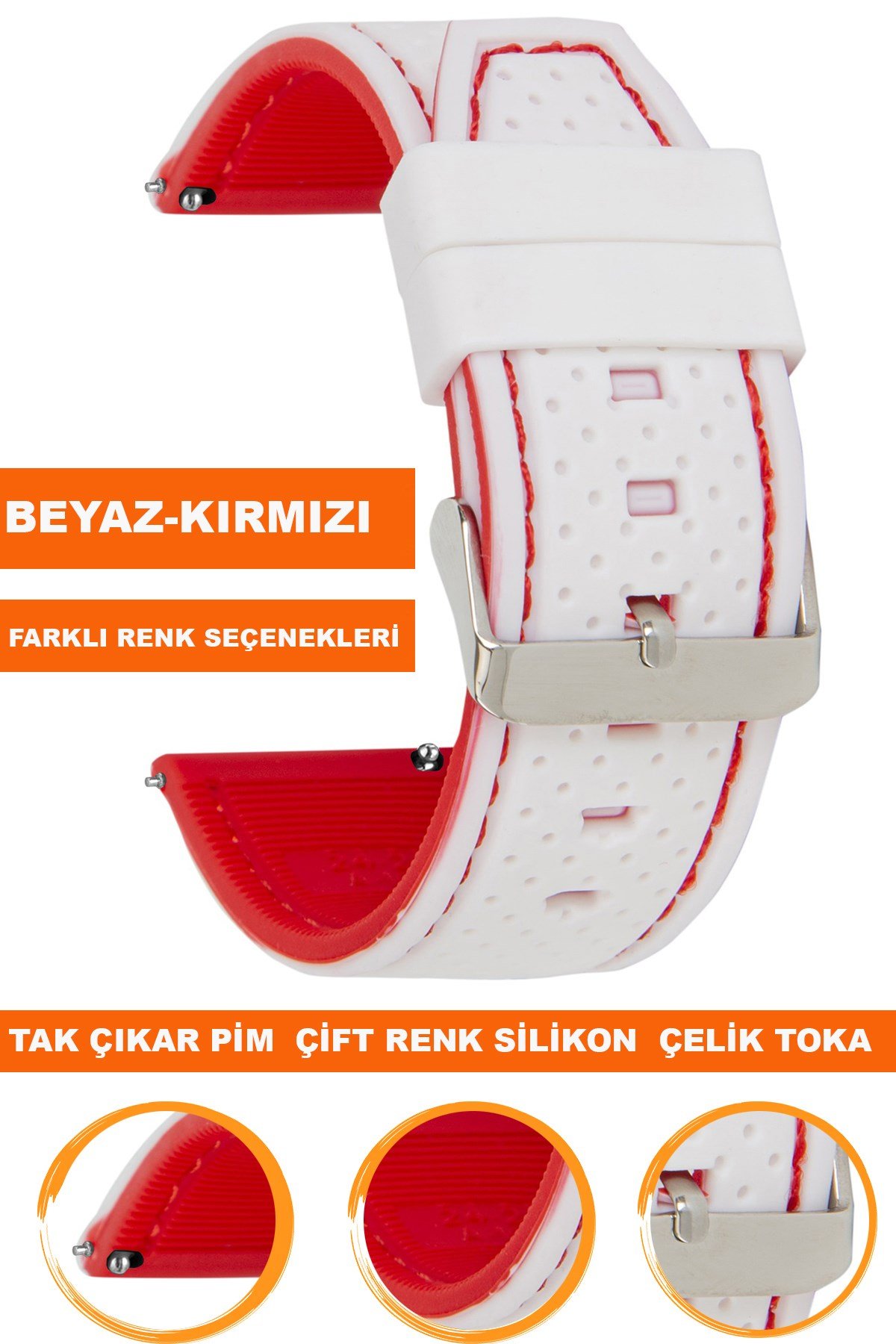 20mm-22mm-24mm Beyaz-Kırmızı Renk Silikon Saat Kordonu Kayışı A54