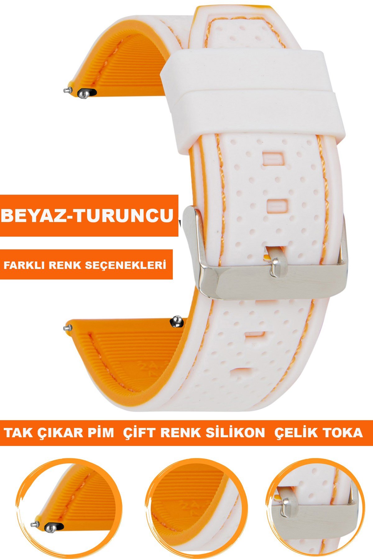20mm-22mm-24mm Beyaz-Turuncu Renk Silikon Saat Kordonu Kayışı A54