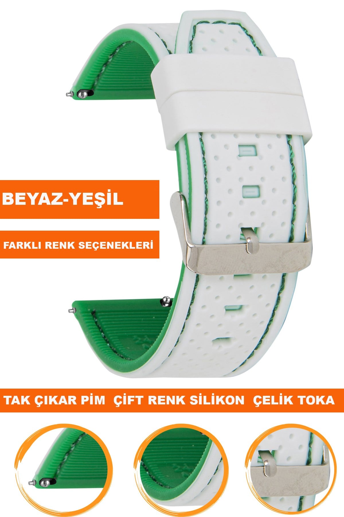 20mm-22mm-24mm Beyaz-Yeşil Renk Silikon Saat Kordonu Kayışı A54
