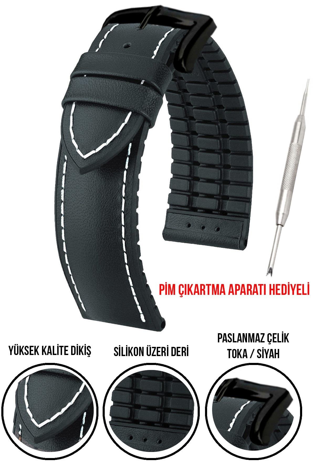 20mm-22mm-24mm Saat Uyumlu Siyah Renk Üzeri Siyah Renk Klasik Model Deri Silikon Saat Kordonu Kayışı LS35KLS-S