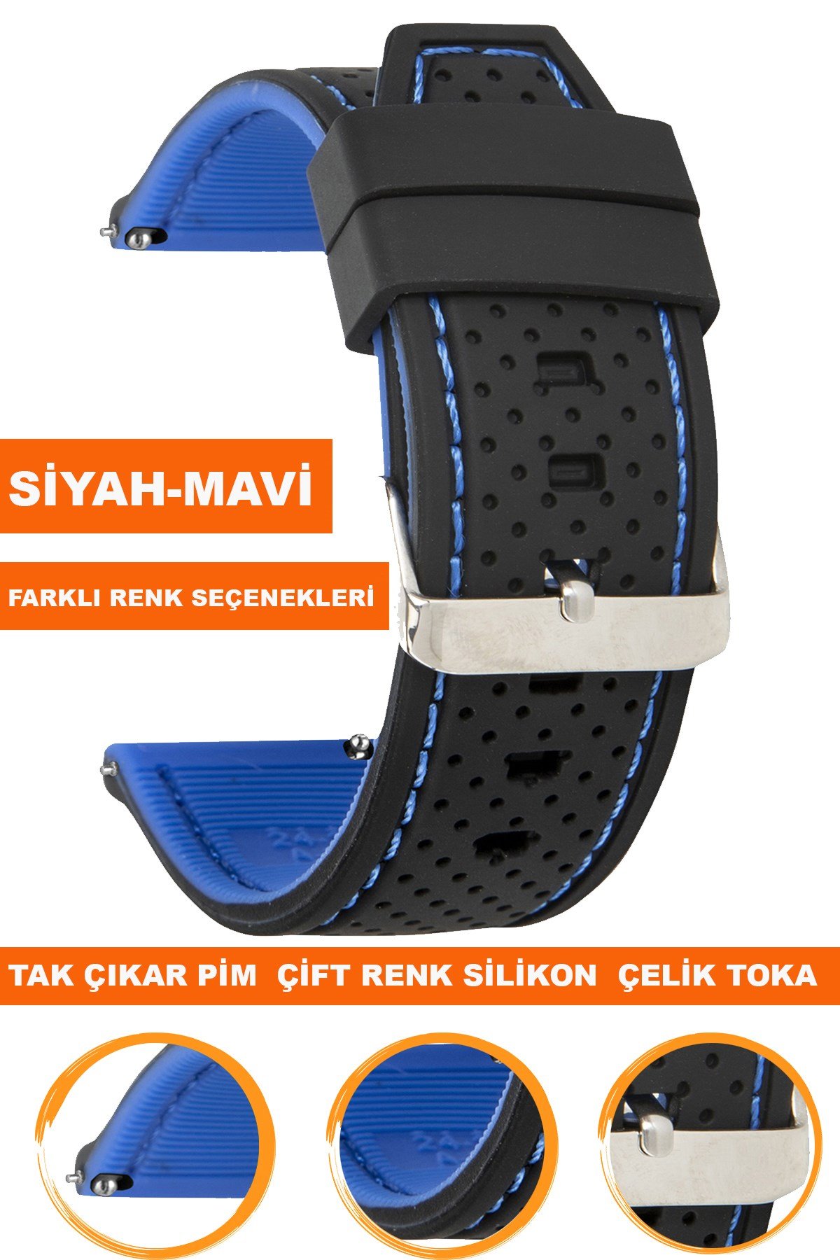 20mm-22mm-24mm Siyah-Mavi Renk Silikon Saat Kordonu Kayışı A54