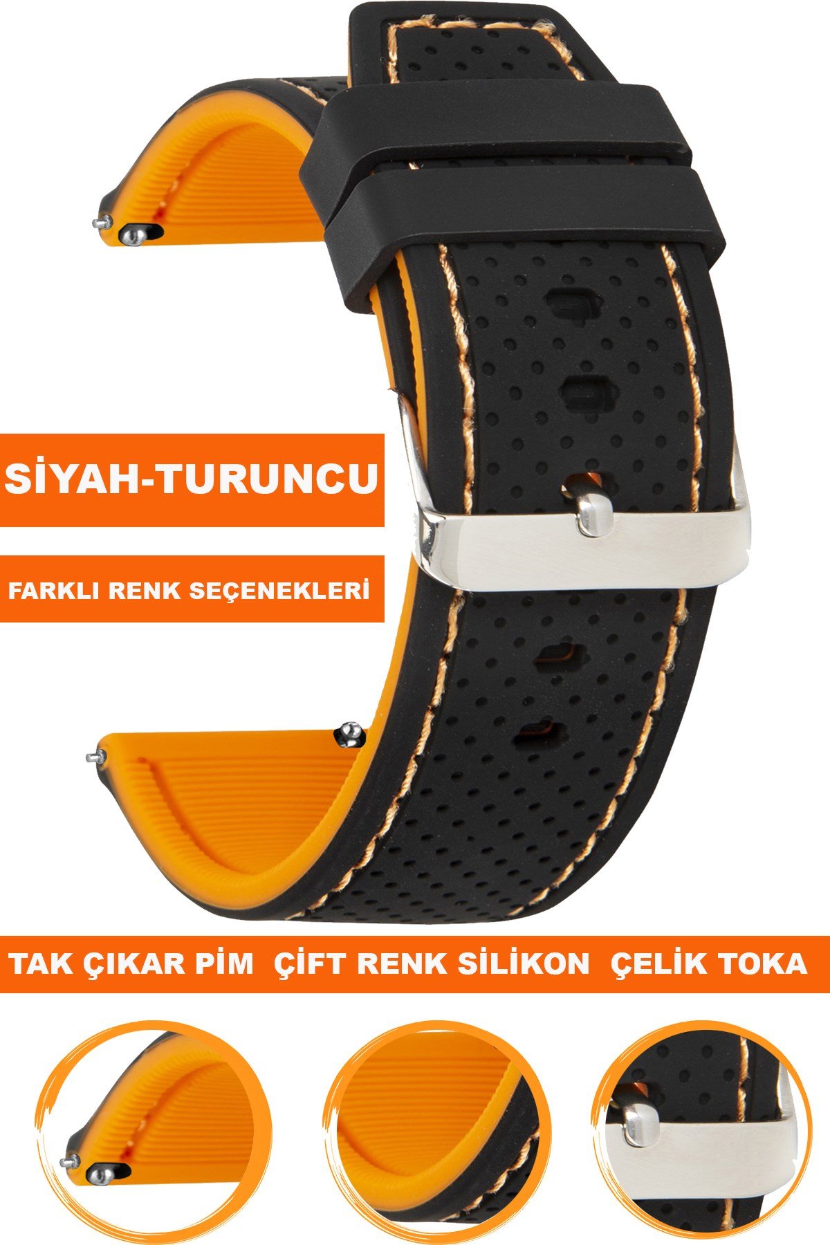 20mm-22mm-24mm Siyah-Turuncu Renk Silikon Saat Kordonu Kayışı A54