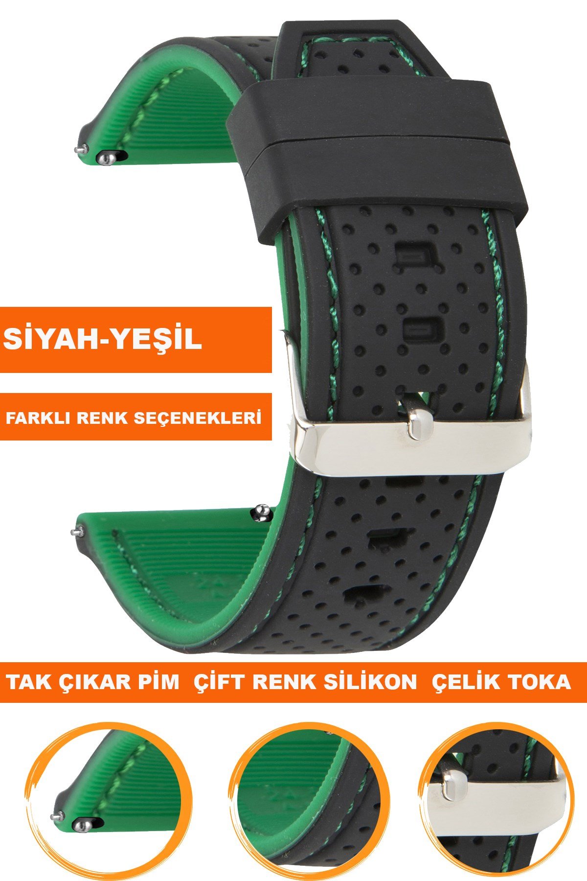 20mm-22mm-24mm Siyah-Yeşil Renk Silikon Saat Kordonu Kayışı A54