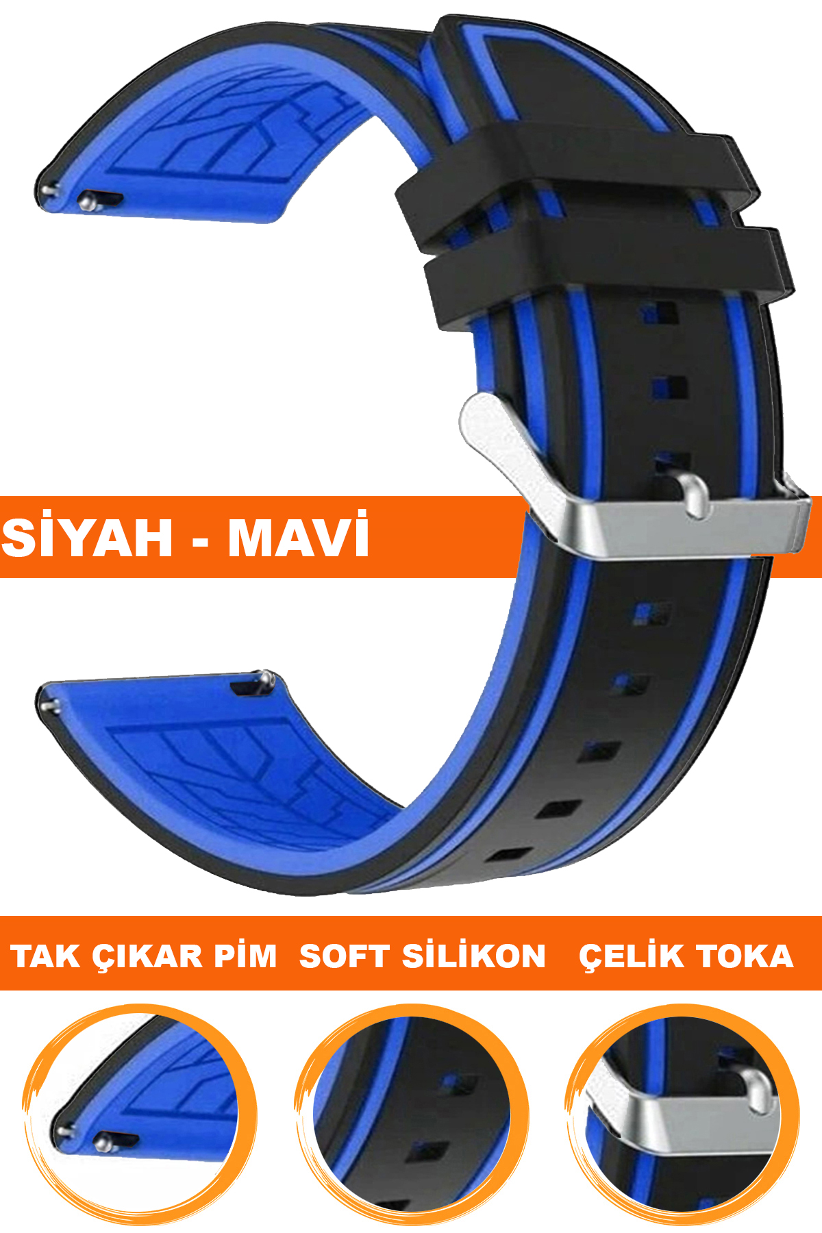 20mm-22mm Siyah-Mavi Renk Silikon Saat Kordonu Kayışı A55